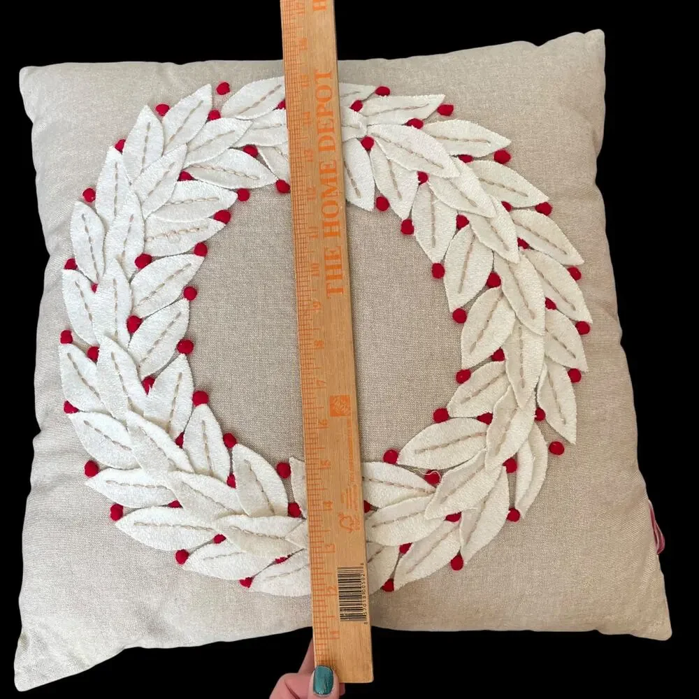 Farmhouse Fabric Wreath Berries Pillow Pair Beige Tan Boho Christmas Holiday